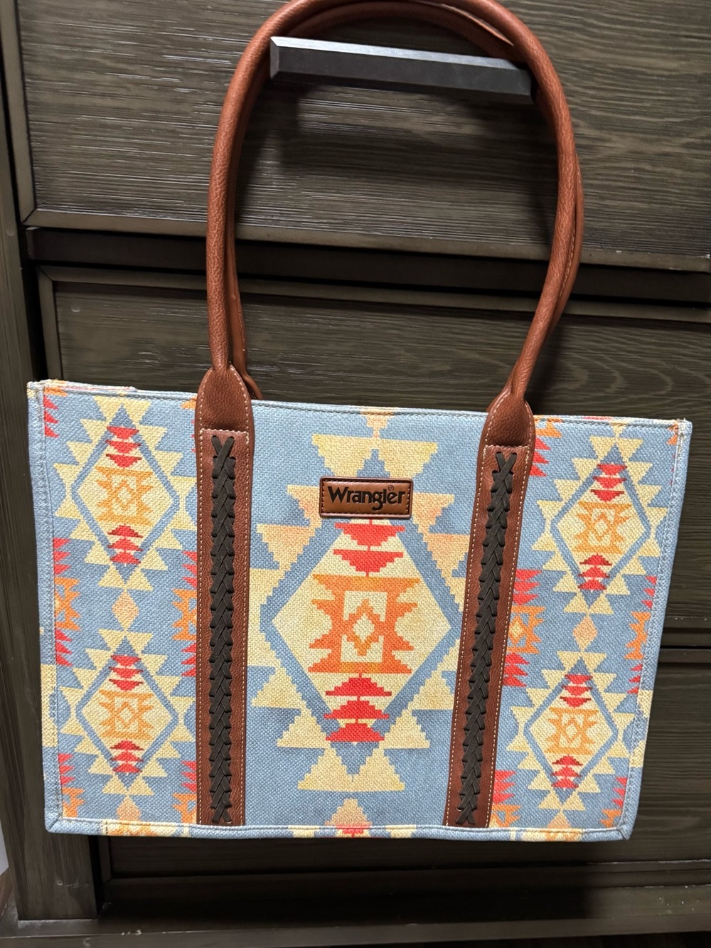 Wrangler Light Blue Aztec Canvas Tote with Brown Handles
